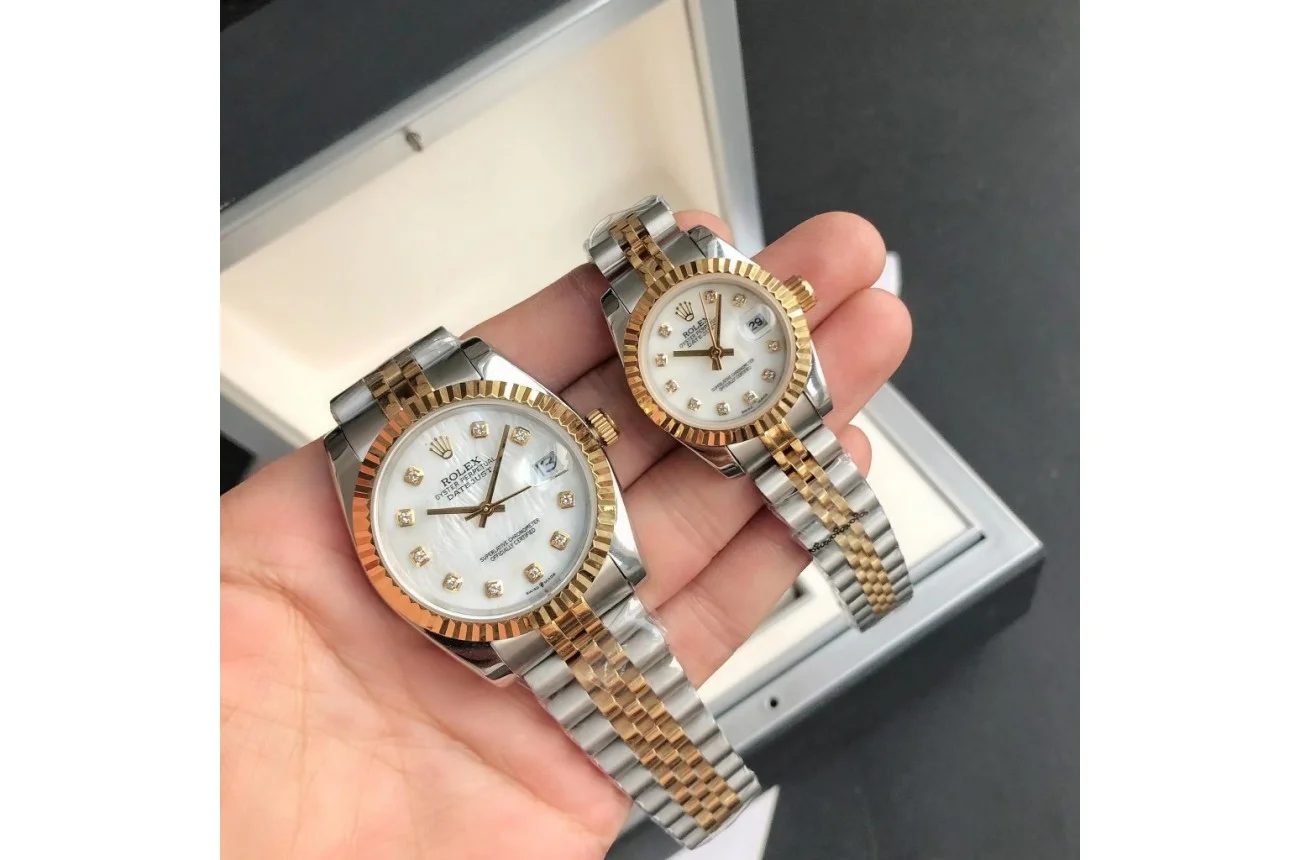 Couple Watches Rolex Datejust 36/28mm RG/SS Jub White/Dial